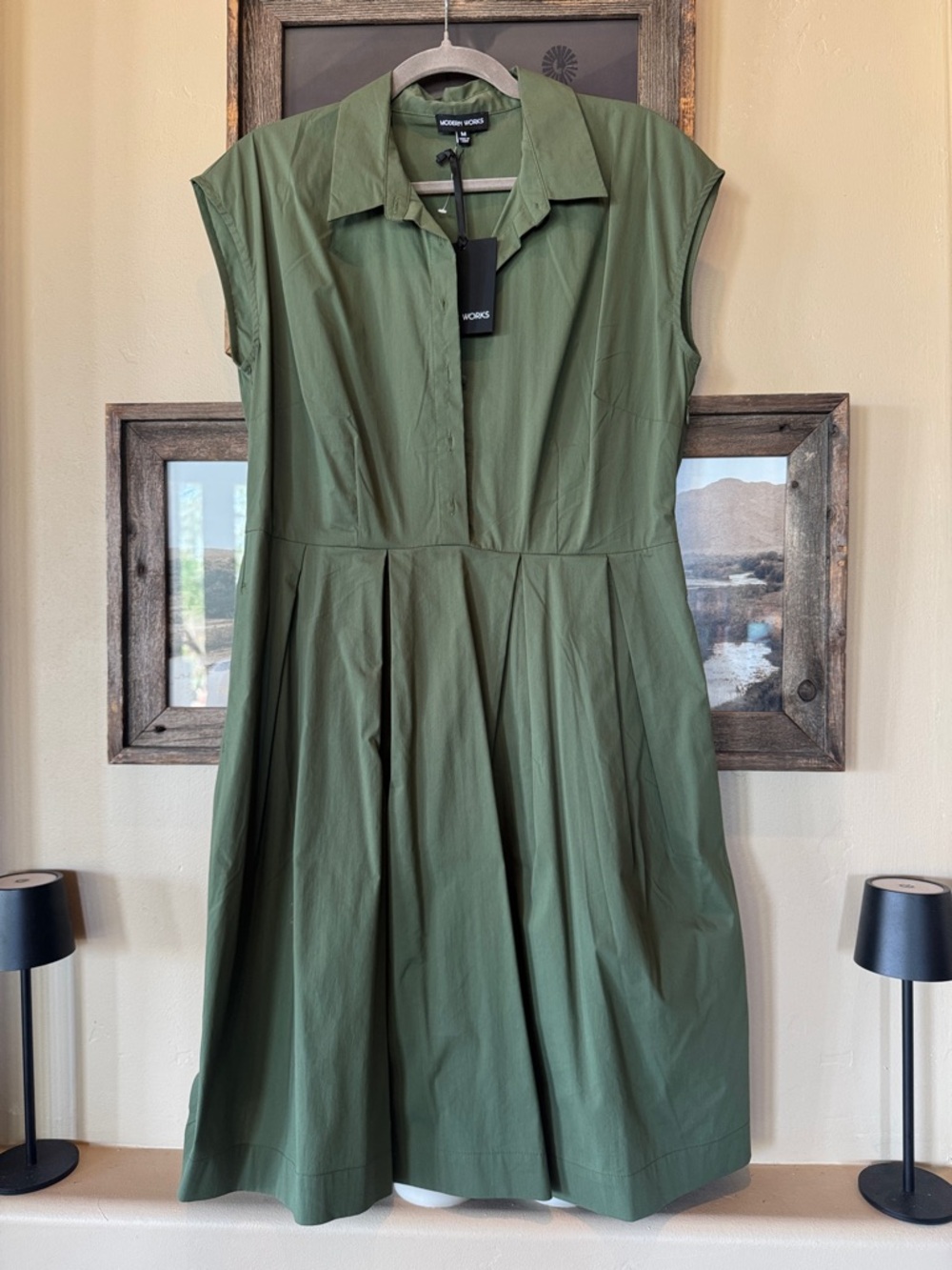 Modern Work Olive Green Pleated Midi Shirt Dress M. NEW